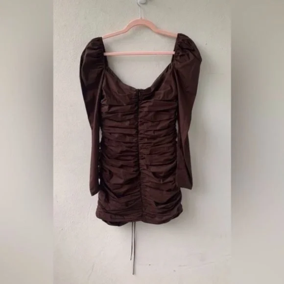 ZARA Women Studio. Chocolate Brown Long sleeve Ruched Mini Dress. Size M. Sexy! - Picture 9 of 11
